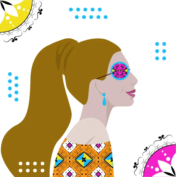平面的なデザインで幾何学的な装飾を施した女性の肖像画 — ストックベクタ