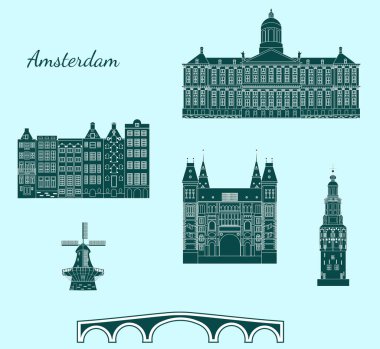 Amsterdam temasında düz tasarım tarzında illüstrasyon.