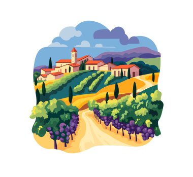 İtalya 'daki üzüm bağının vektör stili, manzara.