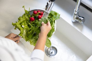 Young woman washing green arugula salad greens in colander by kitchen sink 