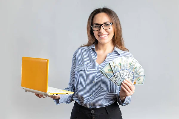 Young Successful Business Woman Making Money Internet Holding Cash Laptop —  Fotos de Stock