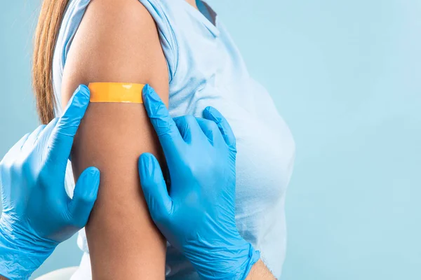 Doctor Hands Putting Plaster Female Arm Injection Corona Virus Vaccine — Photo