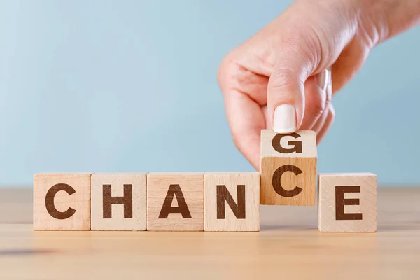 Woman Hand Flip Wooden Cube Word Change Chance Letters — Stockfoto
