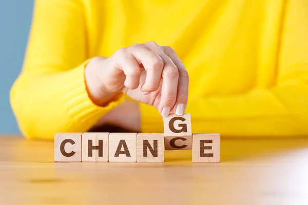 Woman Hand Flip Wooden Cube Word Change Chance Letters — Stok fotoğraf