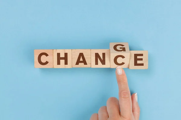 Woman Hand Flip Wooden Cube Word Change Chance Letters — Stockfoto