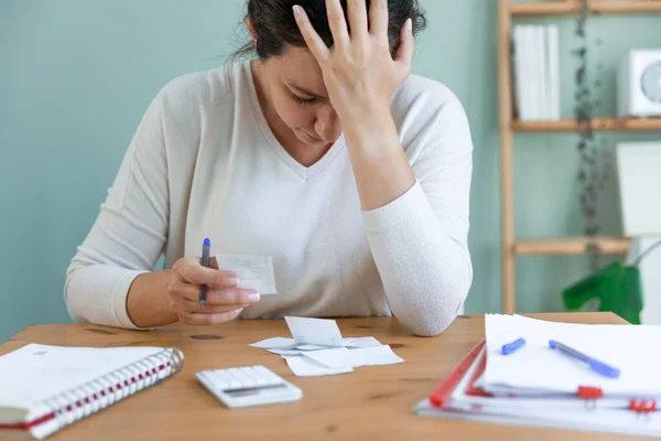 Sad Depressed Young Woman Holding Bills Having Problems Dismissal Home — Stock Photo, Image