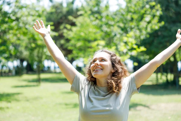 Woman Breathing Fresh Air Outdoors Summer Celebrating While Out Nature Stock Picture