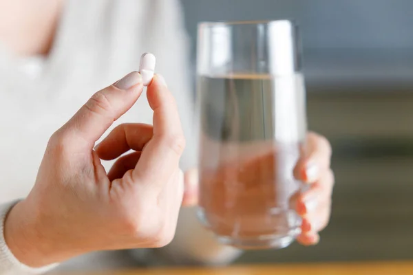 Closeup Shot Unrecognisable Woman Holding Glass Water Medication Kitche — Stock Photo, Image