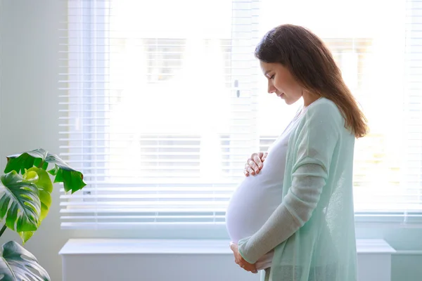 Mutlu Hamile Kadın Hamile Karnına Dokunuyor Pencerenin Kenarında Duruyor — Stok fotoğraf