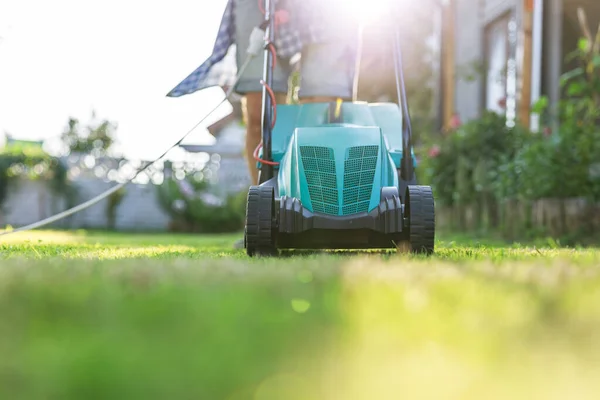 Young Man His Backyard Mowing Grass Lawn Mower Sunny Day — Stock Photo, Image