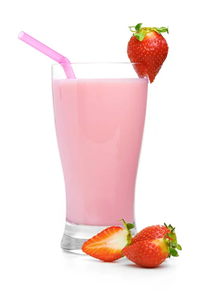 Smoothie Φράουλα Καλαμάκι Ποτήρι Και Φρέσκες Φράουλες Που Απομονώνονται Λευκό — Φωτογραφία Αρχείου