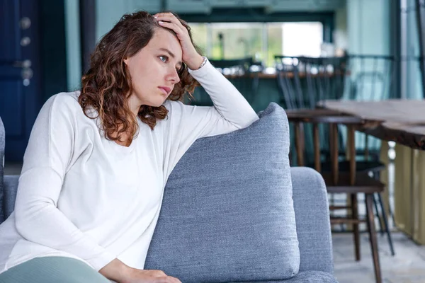 Depressed Young Woman Feeling Day Alone Home She Sitting Home — Stock Photo, Image