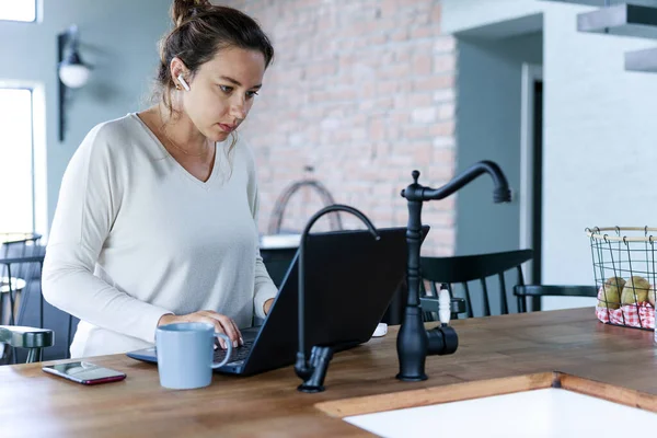 Focused Freelancer Young Woman Looking Laptop Computer — Stock Photo, Image
