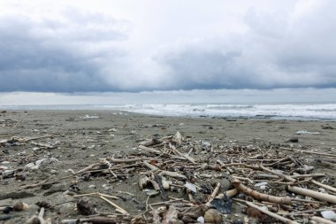 Kara bulutlu fırtınalı deniz manzarası. Dalgalı deniz ve sahil