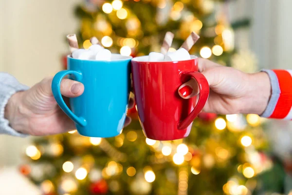 Woman and man hands with a cup of hot chocolate with marshmallows front of Christmas tre