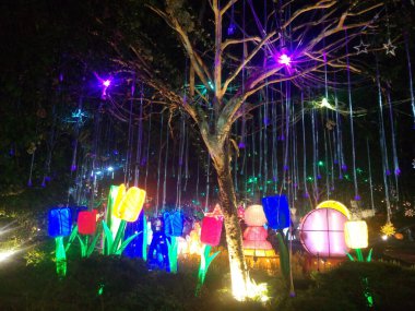 The wonderland of lights and multi colorful lantern festival decorations during the Lunar New Year. A magical fairytales wonderland of lights has amazingly decorated so beautiful in Fo Guang Shan Dong Zen Temple of Jenjarom Selangor Malaysia 