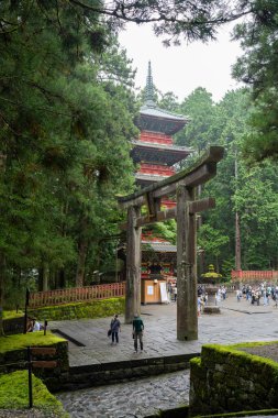 Japon tapınağında putperest birinin önünde taş tori kapısı.