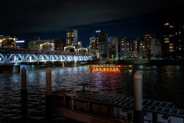 Tokyo Japonya 'da Sumida Nehri' nin üzerindeki tren köprüsünde gece altından geçen bir yolcu teknesi var.