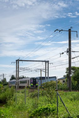 Hokkaido japan kırsalından yaklaşan tren.
