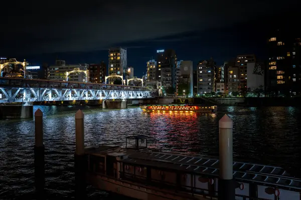 Tokyo Japonya 'da Sumida Nehri' nin üzerindeki tren köprüsünde gece altından geçen bir yolcu teknesi var.