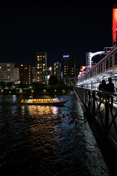 Sumida Nehri 'ndeki yolcu gemisi bir tren köprüsünün altından geçiyor. 