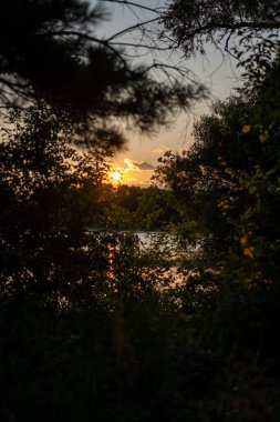 Suyun üzerinde gün batımı, ağaçlarla çevrili..