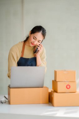 Küçük işletme girişimi KME Sahibi Asyalı Kadın Laptop Online Siparişleri Kutularla çalışan ürünleri satıyor. Evde ve çevrimiçi KOBİ 'de bağımsız olarak çalış