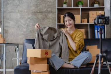 Genç girişimci küçük işletme sahibi ev ambalaj ve teslimat işinde çalışıyor Asyalı kadın KOBİ işletmecileri online alışveriş için dizüstü bilgisayarlar üzerinde çalışıyorlar. Neşeli ve mutlu KOBİ başlangıç iş fikri
