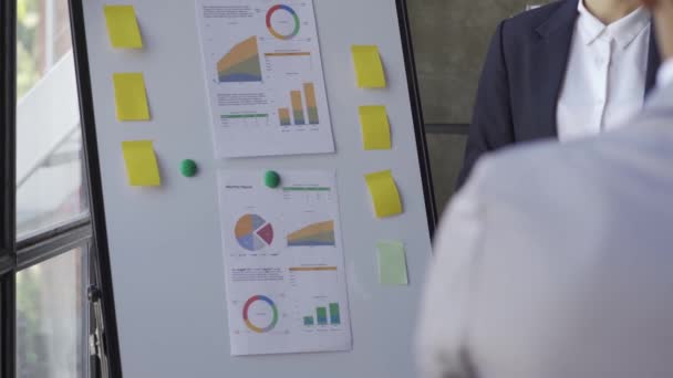 拥有统计数据和集思广益财务报告图表的男女实业家小组 与一家大公司的经理进行财务分析 4K视频 — 图库视频影像