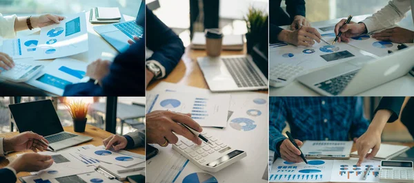 stock image business meeting concept Marketing financial analyst analyzing business finance report on laptop during discussion at company meeting showing successful team work. Combined photo