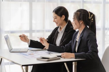 Laptop bilgisayarı ve iş yerinde finans üzerine çalışan iki genç Asyalı muhasebeci. Serbest meslek işte. Çevrimiçi pazarlama. ekommerce pazarlama fikirleri