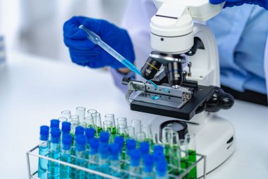 Biyoloji ya da mikroskop ile cam tüpte kimyasal sıvıyla tıp laboratuvarı teknolojisi araştırması yapan bilim adamı. Laboratuvarda..