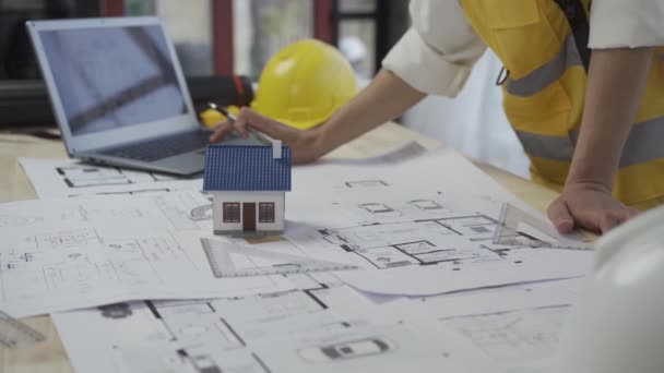 Team Engineers Working Together Blueprint Plan Construction Site Office Architect — Stock Video