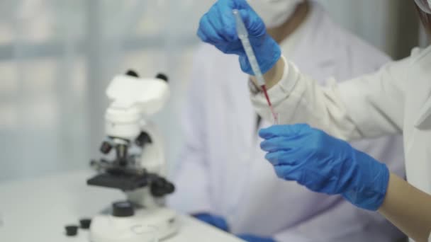 과학자 실험실에서 약품을 시험하고 의사는 시험관에서 화학자 라인으로 드로퍼 샘플을 — 비디오