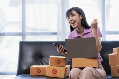 SME Online Business Ideas Start a Small Business SME business owner, a tall female entrepreneur Use your laptop to take and review orders online to prepare boxes for sale to customers.