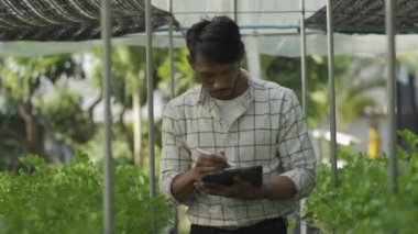 Mutlu gülümseyen Asyalı genç çiftçi elinde tabletle organik marullara bakıyor sağlıklı kariyer beklentileri olan hidrofonik bahçesi. Tarım. Modern hidroponik çiftliği kendi evinde..