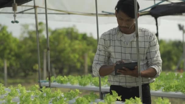 Šťastný Usměvavý Asijský Mladý Zemědělec Držící Tablet Při Pohledu Organický — Stock video