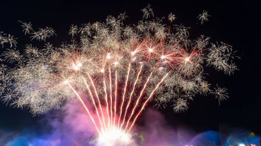 Beautiful colorful fireworks in the night sky with celebration on black background. new year holiday concept