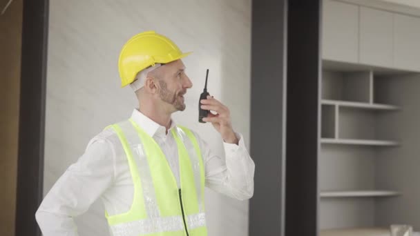 Engineers Use Walkie Talkies Communicate Crews While Working Factory Foreman — Stock video