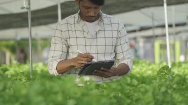Hidrofonik sebze konsepti, hidrofonik sistemin suyunu kontrol etmek için Asya 'lı adam elinde tablet, hidrofonik sebzelerin kalitesini kontrol eden çiftçi, sağlıklı yiyecek toplayan, hidroponik üreten