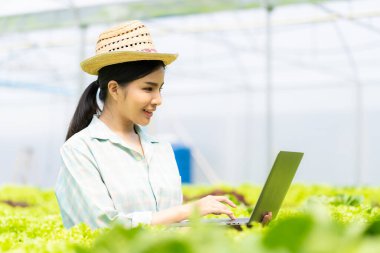 Sebze sahibi, dost canlısı Asyalı kadın çiftçi gülümseyen ve dizüstü bilgisayarını tutan, sebzeleri, hidrofoniği, organik ürünleri, çiftliği, kreşi, tarım işi kavramını kontrol eden.