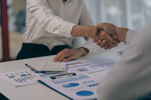 Two Confident Businessmen Shaking Hands Meeting Office Successful Collaboration Contact — Stock Photo, Image