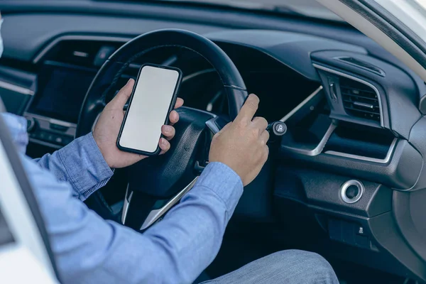 Man Holding Smartphone Blank Screen Mobile Phone Background Car Steering — Stock Photo, Image