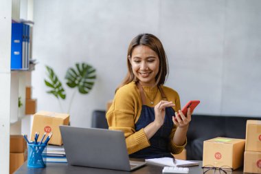 Asyalı iş kadını akıllı telefonu kullanarak online dağıtım yapıyor. Freelancer ya da satış elemanı dizüstü bilgisayarla üretim sırasını kontrol ediyor. Evde paket kutusuyla çalışan KME girişimcisi.