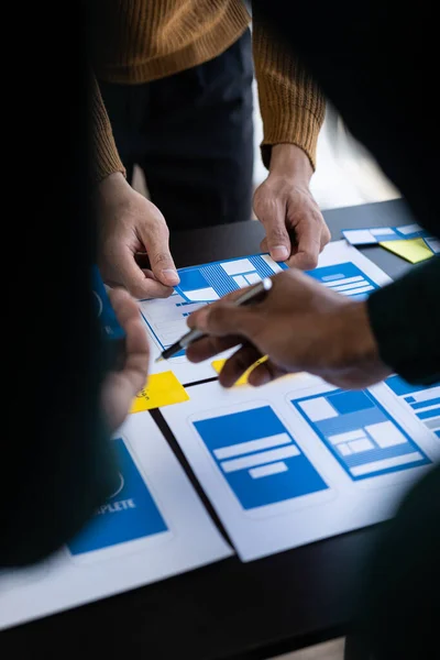 stock image Brainstorm mobile app interface layout design ideas on graphic designer table.ux graphic designer creative sketch planning Mobile web prototype development process vertical image