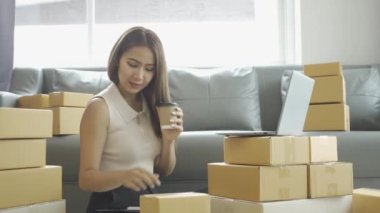 Ev telefonlu, bilgisayarlı, tabletli, güverteli (KOBİ) akıllı telefonlu kadın girişimci. Asyalı kadınların evde müşteri siparişlerini kontrol etmesi, müşterilere mal teslimatı..