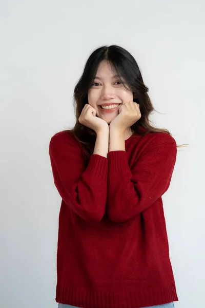Aantrekkelijke Aziatische Mooi Vrouw Staan Witte Achtergrond Het Doen Van — Stockfoto