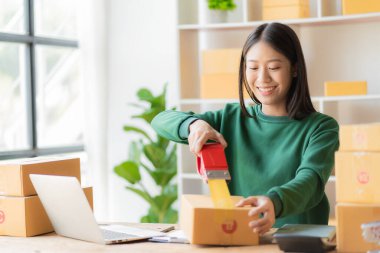 Heyecanlı bir Asyalı bayan küçük işletme sahibi sipariş almak ve paket teslim etmek için dizüstü bilgisayarını kullanırken odasında çalışıyor. KME iş fikri