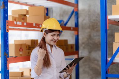 Asyalı iş kadını dizüstü bilgisayarını kullanarak evde müşteri siparişlerini kontrol ediyor. Küçük bir işletme KOBİ kuruyorum. Bağımsız girişimci Çevrimiçi iş, paket dağıtım kavramı