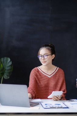 İş planlama ofisinde çalışan profesyonel Asyalı kadın muhasebeci muhasebe satış raporlarını gözden geçiriyor. Bilgisayarda çalışan finans analisti, online iş kavramı.